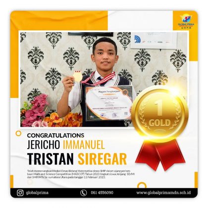 Selamat kepada Jericho Immanuel Tristan Siregar yang telah meraih Medali Emas🥇 Bidang Matematika tingkat SMP dalam perlombaan Math and Science Competition (MASCOT) Tahun 2023 tingkat siswa Jenjang SD/MI dan SMP/MTs Se-Sumatera Utara