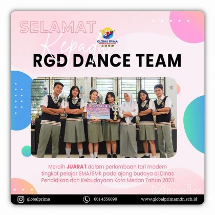Selamat Kepada RGD CREW yang telah meraih Juara 1 dalam perlombaan Tari Modern tingkat pelajar SMA/SMK pada ajang budaya di Dinas Pendidikan dan Kebudayaan Kota Medan tahun 2023