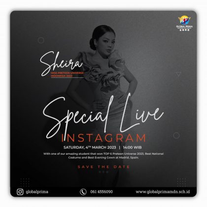 Special Live with Sheiralizasuci Della Cassie (Miss Preteen Universe Indonesia 2023). Sheira merupakan perwakilan dari Indonesia yang berangkat ke Madrid, Spain.