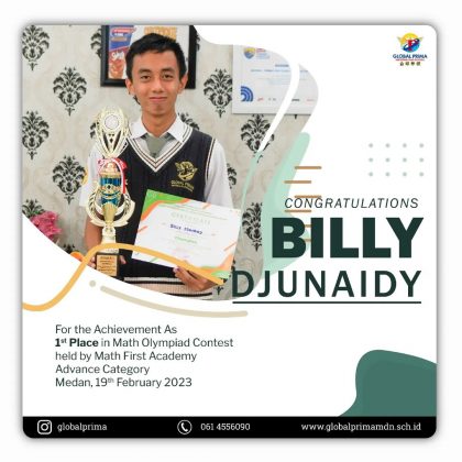 Congratulations Billy Djunaidy for the Achievement As 1st place in Math Olympiad Contest held by Math First Academy Advance Category Medan