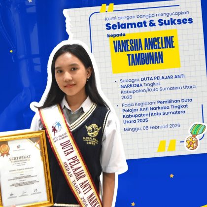 Vanesha Angeline Tambunan  Atas prestasinya sebagai Duta Pelajar Anti Narkoba Tingkat Kabupaten/Kota Sumatera Utara 2025 pada kegiatan Pemilihan Duta Pelajar Anti Narkoba Tingkat Kabupaten/Kota Sumatera Utara 2025 yang diselenggarakan pada Minggu, 08 Februari 2026.